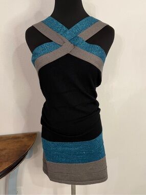 Vintage Y2K Apple Bottoms Bodycon Bandage Dress Large Teal Black Grey Metallic